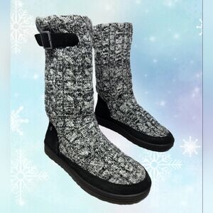 Abeo Women Mid Calf Pull On Boots Sz 8 Black Suede Knit Upper Sheepskin Foot Bed